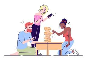 Ilustración de vector plano de jugadores de jenga. amigo relajándose, divirtiéndose, jugando al juego de bloques de madera. chica tomando fotos, filmando personajes de dibujos animados aislados de video con elementos de contorno sobre fondo blanco