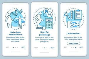 Body health onboarding mobile app page screen with linear concepts. Cholesterol test. Three walkthrough steps graphic instructions. Body shape measurements. UX, UI, GUI vector template, illustrations