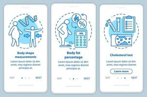 Body health onboarding mobile app page screen with linear concepts. Cholesterol test. Three walkthrough steps graphic instructions. Body shape measurements. UX, UI, GUI vector template, illustrations