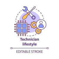 Technician lifestyle concept icon. Computer repair idea thin line illustration. Technical support. Programming, IT industry, hardware platform. Vector isolated outline drawing. Editable stroke