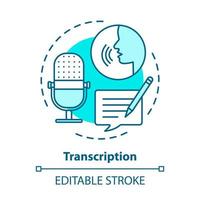 Transcription blue concept icon. Audio files conversion into text format idea thin line illustration. Representation of language in written form. Vector isolated outline drawing. Editable stroke