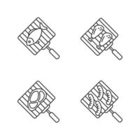 Barbecue linear icons set. BBQ. Hand grills with fish, chicken drumsticks, meat steak and sausages. Thin line contour symbols. Isolated vector outline illustrations