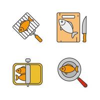 Fish preparation color icons set. Canned, fried, cutted and grilled fish. Isolated vector illustrations