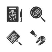 Fish preparation glyph icons set. Cutting, frying, grilling, salting fish steaks. Silhouette symbols. Vector isolated illustration