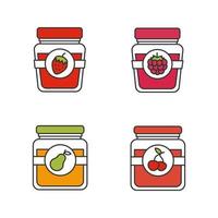 Fruit preserves color icons set. Pear, cherry, raspberry and strawberry jam jars. Isolated vector illustrations