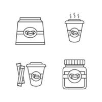 Coffee linear icons set. Coffee paper pack, glass jar and hot drink with sugar. Thin line contour symbols. Isolated vector outline illustrations