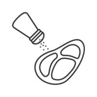 Salting steak linear icon. Thin line illustration. Pepper or salt shaker with beefsteak. Contour symbol. Vector isolated drawing