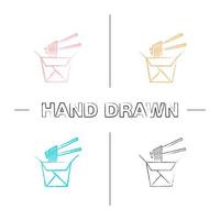 Chinese noodles in paper box and chopsticks hand drawn icons set. Wok noodles. Color brush stroke. Isolated vector sketchy illustrations