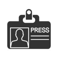 Press ID card glyph icon. Journalist badge. Silhouette symbol. Negative space. Vector isolated illustration