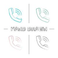 Handset hand drawn icons set. Incoming call. Hotline. Telephone support. Color brush stroke. Isolated vector sketchy illustrations