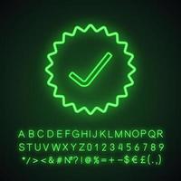 Check mark neon light icon. Tick mark. Glowing sign with alphabet, numbers and symbols. Vector isolated illustration