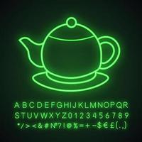 Teapot neon light icon. Tea pot. Glowing sign with alphabet, numbers and symbols. Vector isolated illustration