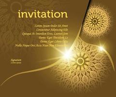 la plantilla de invitación de fondo de mandala, con efecto de luz de color dorado se ve lujosa, ideal para material de diseño de invitación, tarjeta de saludo, promoción de ventas, pancarta, afiche vector