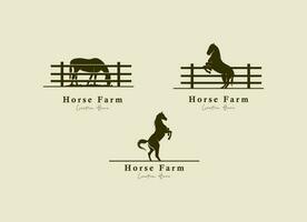 Horse silhouette behind wooden fence paddock for vintage retro rustic countryside western country farm ranch logo design vector