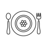 Baby plate with spoon and fork linear icon. Thin line illustration. Baby dishes with flower. Contour symbol. Vector isolated outline drawing
