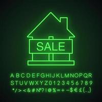 House for sale neon light icon. Real estate market. Glowing sign with alphabet, numbers and symbols. Vector isolated illustration