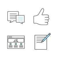 Information center color icons set. Chatting, taking notes, thumbs up, web page. Isolated vector illustrations