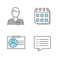 Information center color icons set. Calendar, speech bubble, call center operator, ID card. Isolated vector illustrations