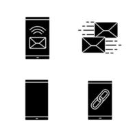 Smartphone apps glyph icons set. Incoming message, mailing, mobile phone, link sharing. Silhouette symbols. Vector isolated illustration