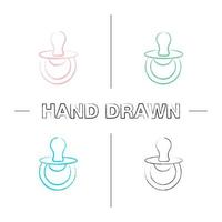 Pacifier hand drawn icons set. Dummy. Baby soother. Color brush stroke. Isolated vector sketchy illustrations