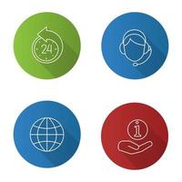 Information center flat linear long shadow icons set. Reschedule, globe, helpdesk, call center operator. Vector outline illustration