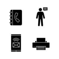 Information center glyph icons set. Telephone book, announcement, incoming message, printer. Silhouette symbols. Vector isolated illustration