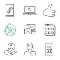 Information center linear icons set. Link, laptop, like, reschedule, mailing, calendar, helpdesk, hotline, incoming message. Thin line contour symbols. Isolated vector outline illustrations
