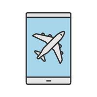 Smartphone airplane mode color icon. Mobile phone screen with plane. Isolated vector illustration