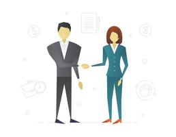 Businessman and businesswoman making deal flat character design. Job hiring. Partnership. Business agreement. Man and woman shaking hands. Vector isolated illustration