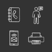 Information center chalk icons set. Telephone book, announcement, incoming message, printer. Isolated vector chalkboard illustrations