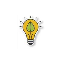 Eco energy patch. Lightbulb with plant leaf. Color sticker. Vector isolated illustration