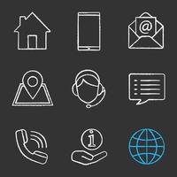 Information center chalk icons set. Homepage, smartphone, email, GPS, hotline, chat, call, helpdesk, globe. Isolated vector chalkboard illustrations