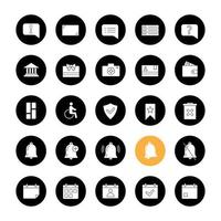 UI UX glyph icons set. System elements. Common actions symbols. Vector white silhouettes illustrations in black circles