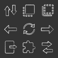 UI UX chalk icons set. Vertical and horizontal swap, flip to back and front, next, previous buttons, refresh, exit, extension. Isolated vector chalkboard illustrations