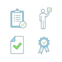 Approve color icons set. Verification and validation. Task planning, voter, document verification, award medal. Isolated vector illustrations