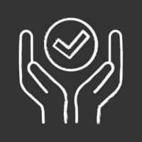 Quality services chalk icon. Quality assurance. Verification and validation. Meeting requirements. Hands holding check mark. Isolated vector chalkboard illustration