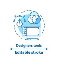 Designers tool concept icon. Graphic design idea thin line illustration. Printing. Graphic tablet, pen tool, color model. Vector isolated outline drawing. Editable stroke