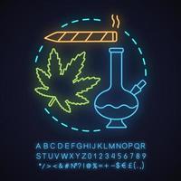 Marijuana culture neon light concept icon. Cannabis, ganja idea. Marijuana leaf, bong, pot. Glowing sign with alphabet, numbers and symbols. Vector isolated illustration