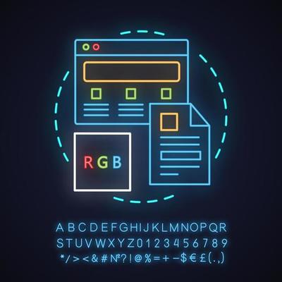 Web design neon light concept icon. Internet surfing idea. Webpage. Website constructor. Glowing sign with alphabet, numbers and symbols. Vector isolated illustration