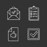 Approve chalk icons set. Verification and validation. Task planning, email confirmation, checkbox, approval document. Isolated vector chalkboard illustrations