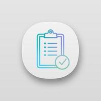 icono de la aplicación de planificación de tareas. Lista de Verificación. examen. lista de quehaceres. gestión de proyectos. lista de tareas interfaz de usuario ui ux. aplicación web o móvil. ilustración vectorial aislada vector