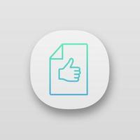 Approval document app icon. Best mark. Excellent review. Approval and like sign. UI UX user interface. Mobile application. Customer review. Paper sheet with thumbs up. Vector isolated illustration