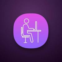 Workplace app icon. UI UX user interface. Work space. Office worker. Freelance job. Person working with laptop. Web or mobile application. Vector isolated illustration