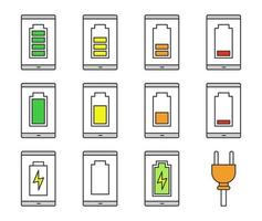 Smartphone battery charging color icons set. Mobile phone battery level indicator. Middle, low and high charge. Isolated vector illustrations