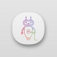 Chatbot with USB cable app icon. UI UX user interface. Talkbot with USB slot plugs to cable. Modern robot. Virtual assistant. Online helper. Web or mobile application. Vector isolated illustration