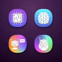 Chatbots app icons set. UI UX user interface. Virtual assistants. Messenger and chat bots. Processor. Digital brain. Modern robots. Web or mobile applications. Vector isolated illustrations