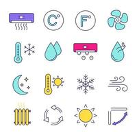 conjunto de iconos de color de aire acondicionado. calentamiento de aire, humidificación, ionización, ventilación. control climatico. ilustraciones de vectores aislados