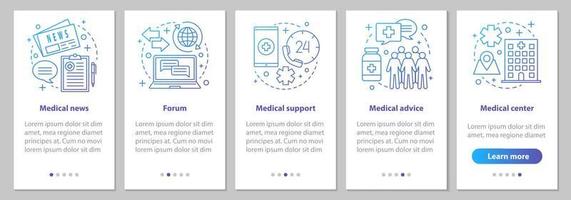 pantalla de la página de la aplicación móvil de incorporación de medicina y atención médica con conceptos lineales. noticias médicas, foro, asesoramiento, clínica, pasos de apoyo, instrucciones gráficas. ux, ui, plantilla de vector de interfaz gráfica de usuario con ilustraciones