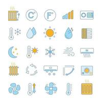 conjunto de iconos de color de aire acondicionado. calentamiento de aire, humidificación, ionización, ventilación. control climatico. ilustraciones de vectores aislados