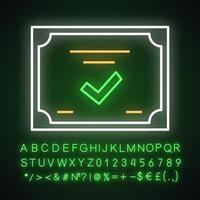 Certificate neon light icon. Diploma. Quality certificate. Award. License. Glowing sign with alphabet, numbers and symbols. Vector isolated illustration